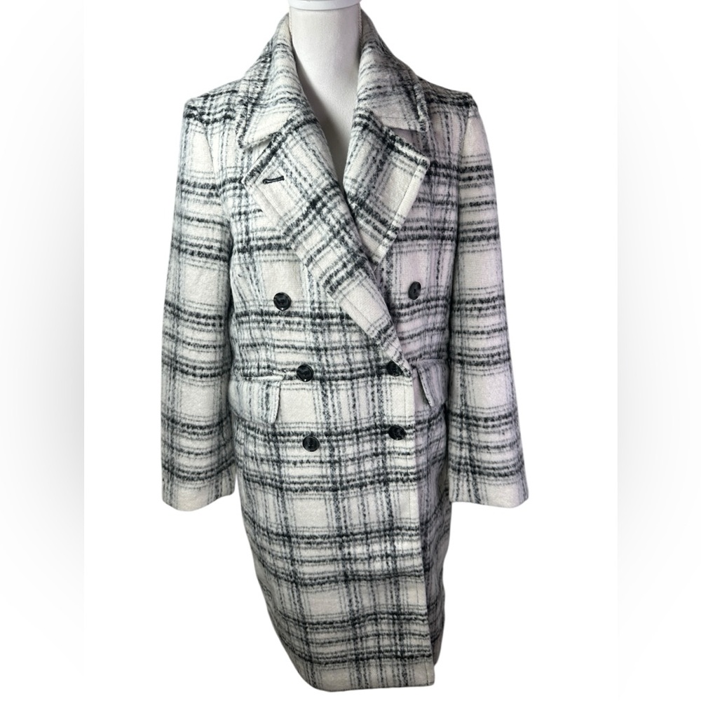 Banana Republic Black White Plaid Timeless Topcoat Double Breasted Pea Coat Sz M